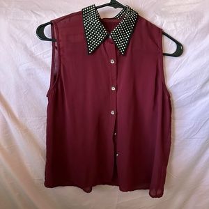 Studded collar sheer flowy burgundy blouse